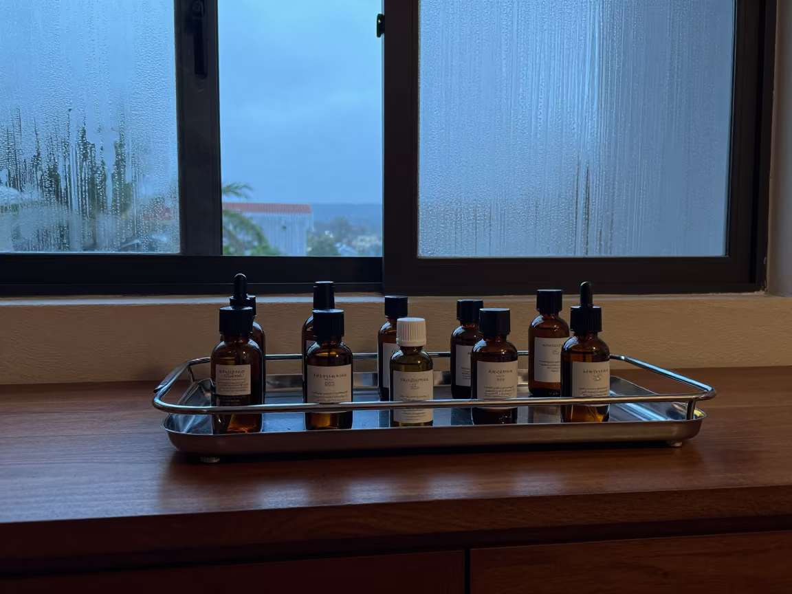 Minibar Restock Tray in Morning Spa Light in inside a spa reception in Maracay