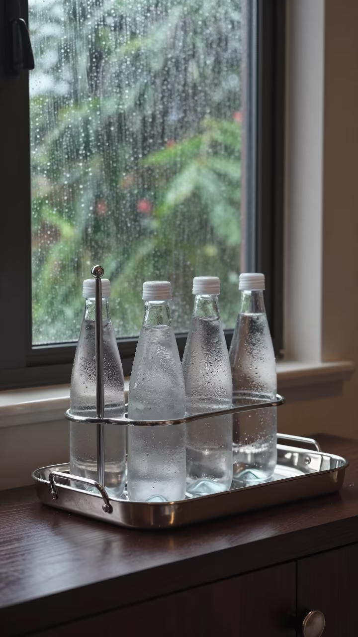 Minibar Restock Tray in Zarqa Hotel Morning Light in in a quiet guest corridor in Zarqa