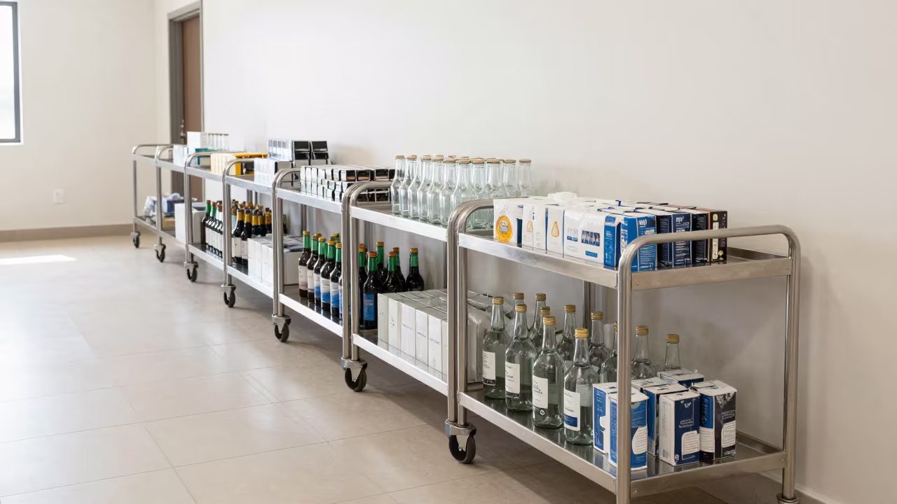 Minibar Restock Trolley in Hafizabad Banquet Hall in inside a banquet hall before service in Hafizabad