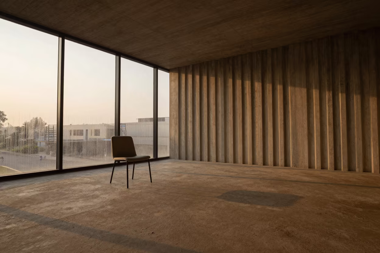 Minimalist Chair in Ikeja Lobby in inside a ribbed concrete lobby in Ikeja