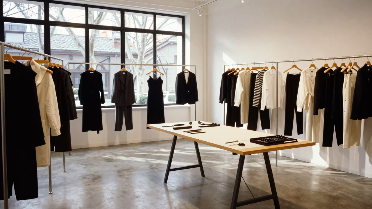 Minimalist Fashion Showroom Tailoring Table Winter in at a tailoring table strewn with chalk and shears near French Concession, Shanghai