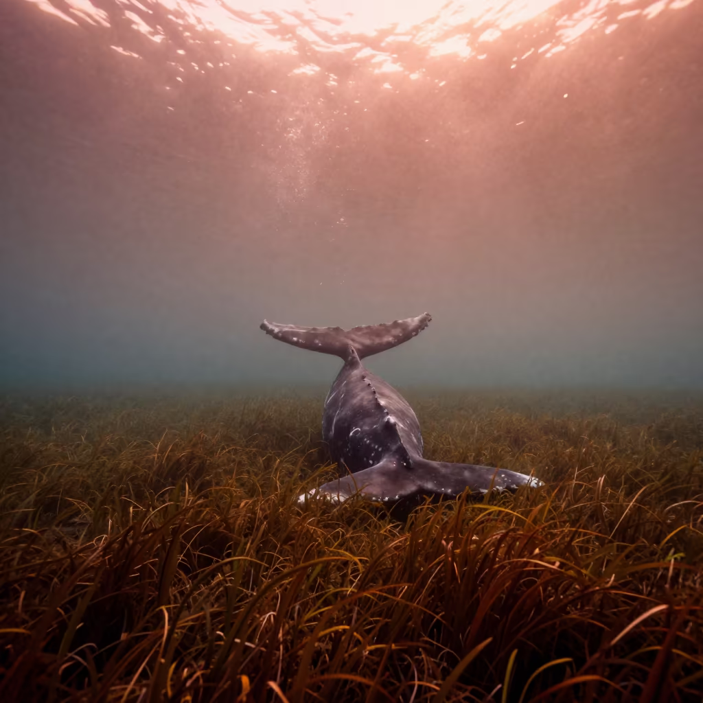 Minke Whale Feeding in Autumn Seagrass Meadow in above a seagrass meadow in Portugal