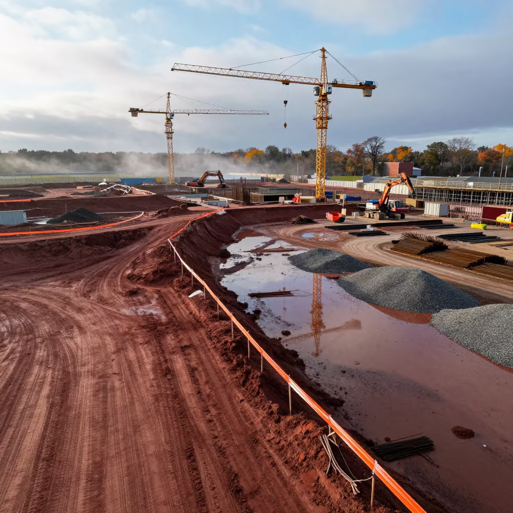 Minnesota Construction Site Drone View Late Morning in inside a taped-off excavation edge in Minnesota
