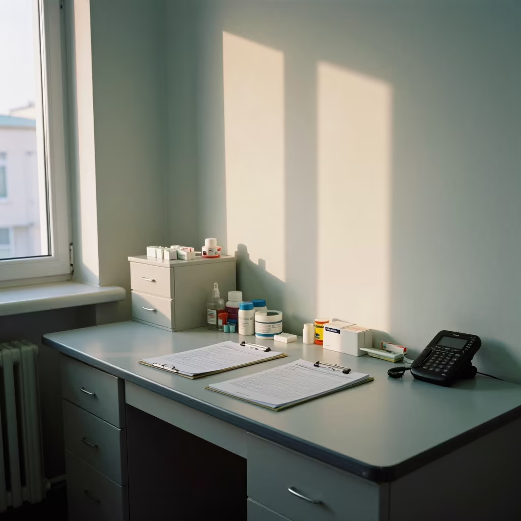 Minsk Clinic Nurse Desk at Dawn Light in inside a hospital corridor in Minsk
