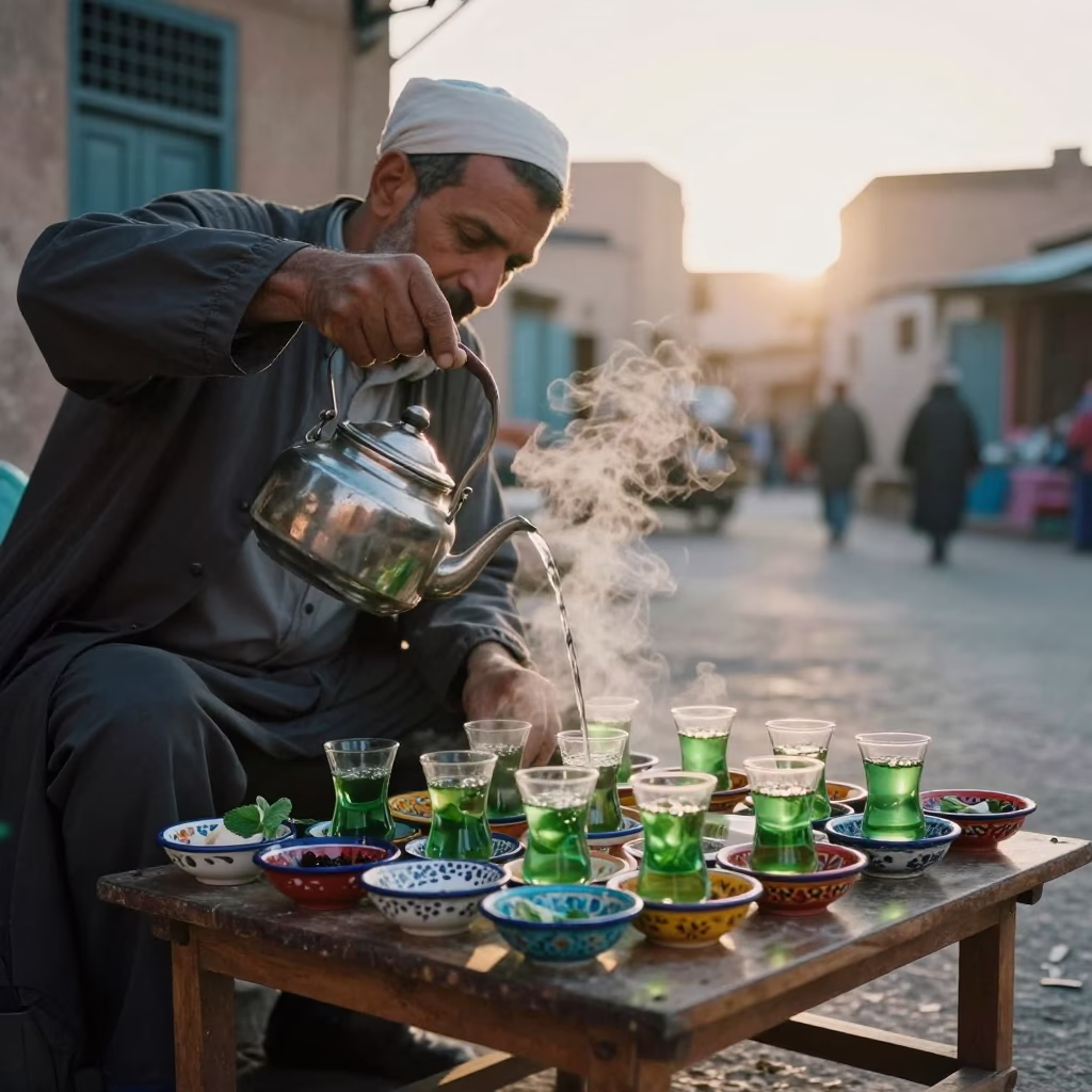 Mint Tea in Fez at Sunrise Light in in Fez, Morocco