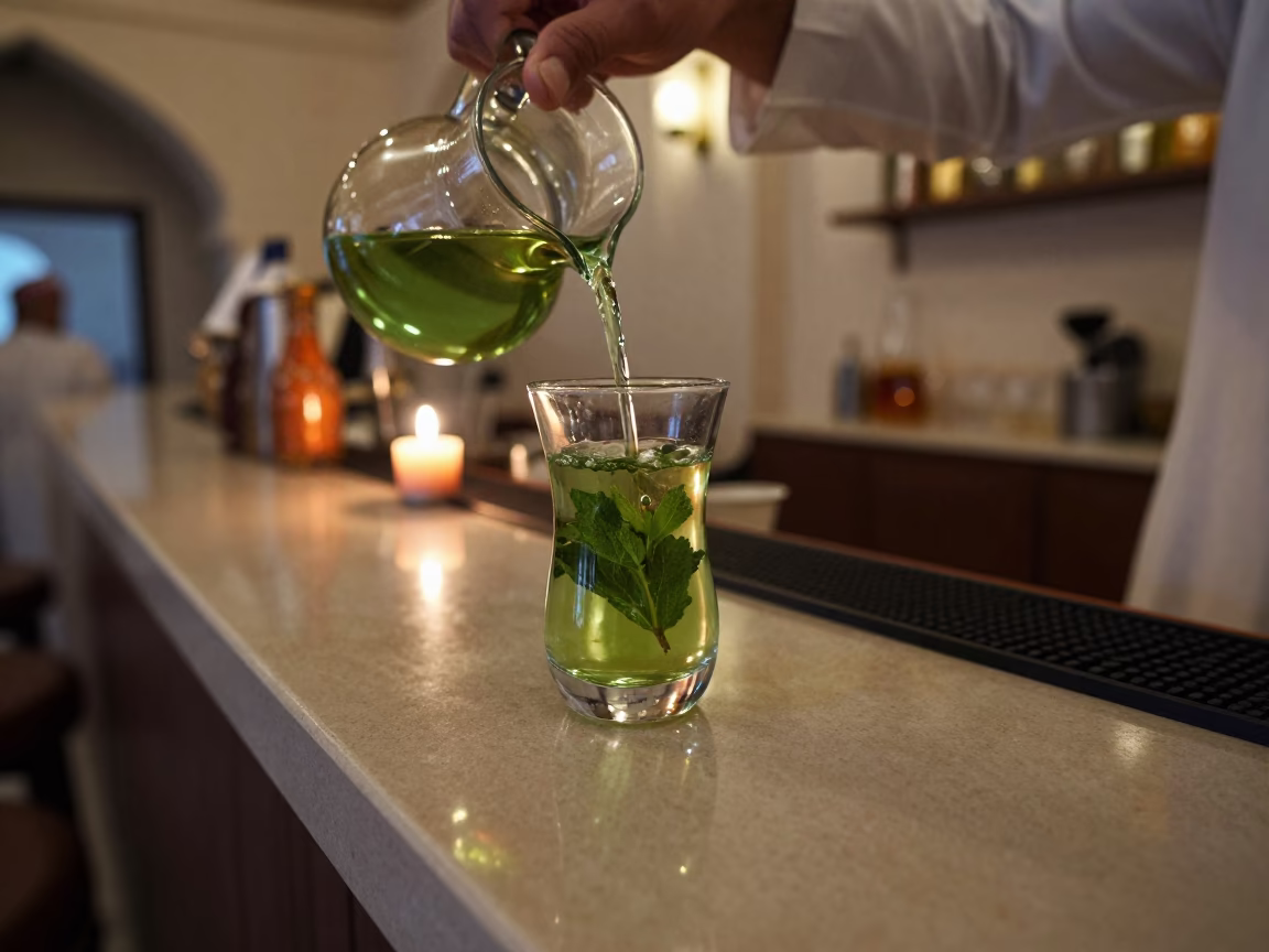 Mint Tea Poured in Morocco Coffee Bar in at a coffee bar counter in Sheikh Othman