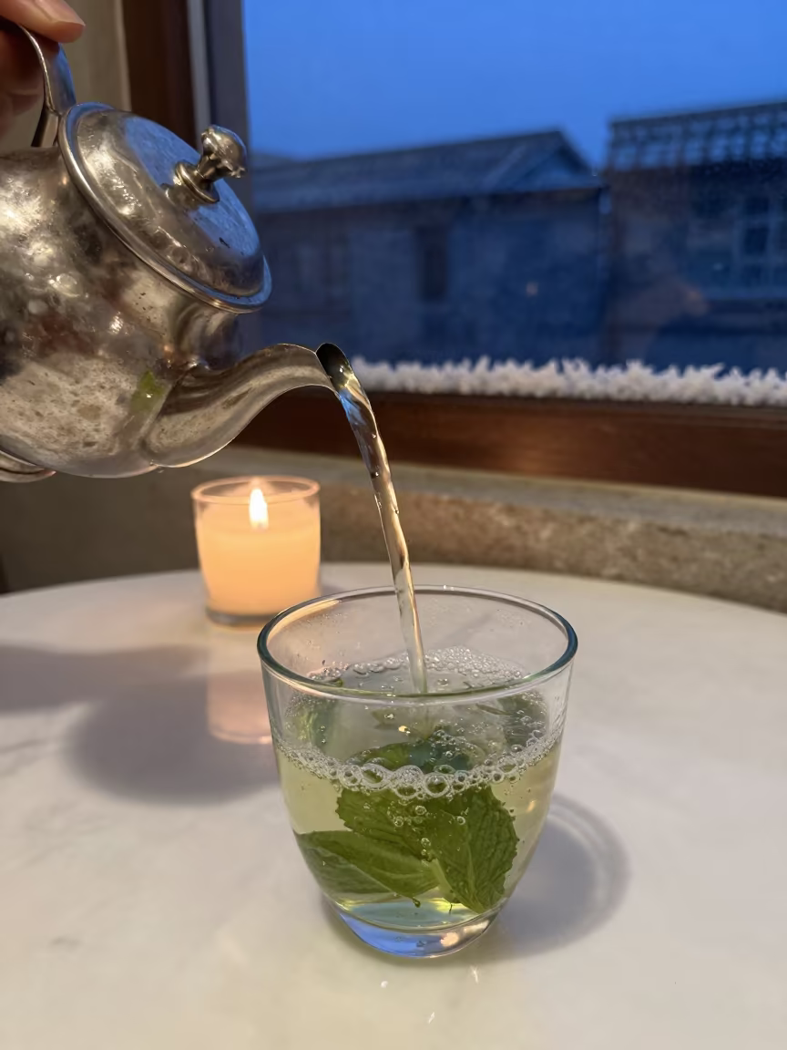 Mint Tea Pouring on Marble Table in Ningbo in on a marble cafe table in Ningbo