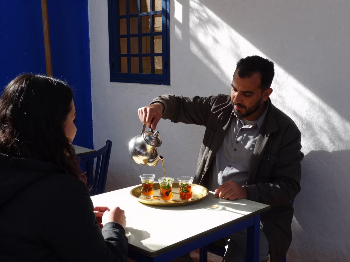 Mint Tea Pouring in Marrakech Souk Alley in on a small cafe table by a window in Majorelle, Marrakech