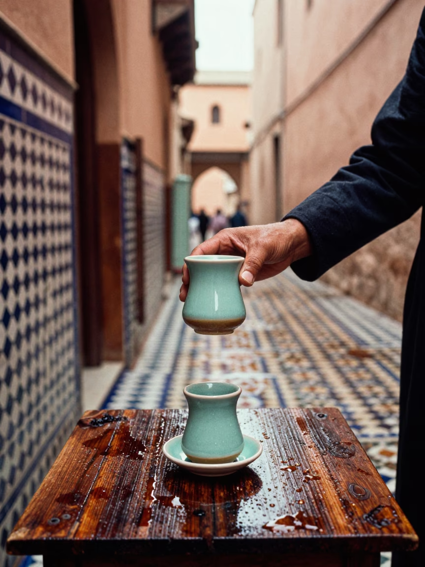 Mint Tea Service on Rain Washed Zellige Tiles in Marrakech in in Marrakech, Morocco