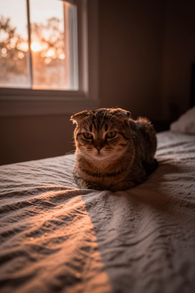 Minuet Cat Lounging in Honey Window Light in on a bedspread near a bright window with calm indoor light in Huacho