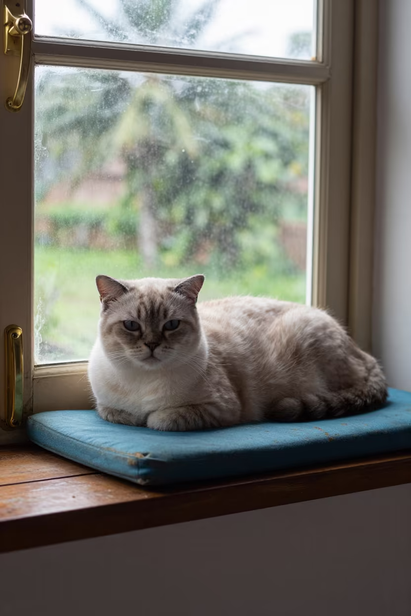 Minuet Cat Lounging on Abuja Window Seat in on a window seat in a quiet apartment with soft side light in Abuja
