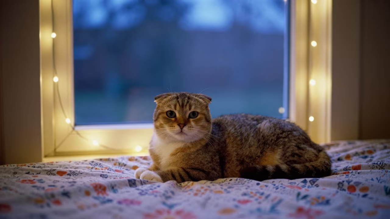 Minuet Cat Lounging on Bedspread Near Window in on a bedspread near a bright window with calm indoor light near Urumqi