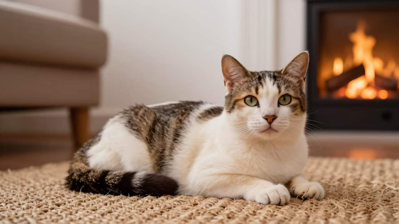 Minuet Cat Lounging on Woven Rug in Torreón in on a woven rug beside a low couch and an uncluttered wall in Torreón