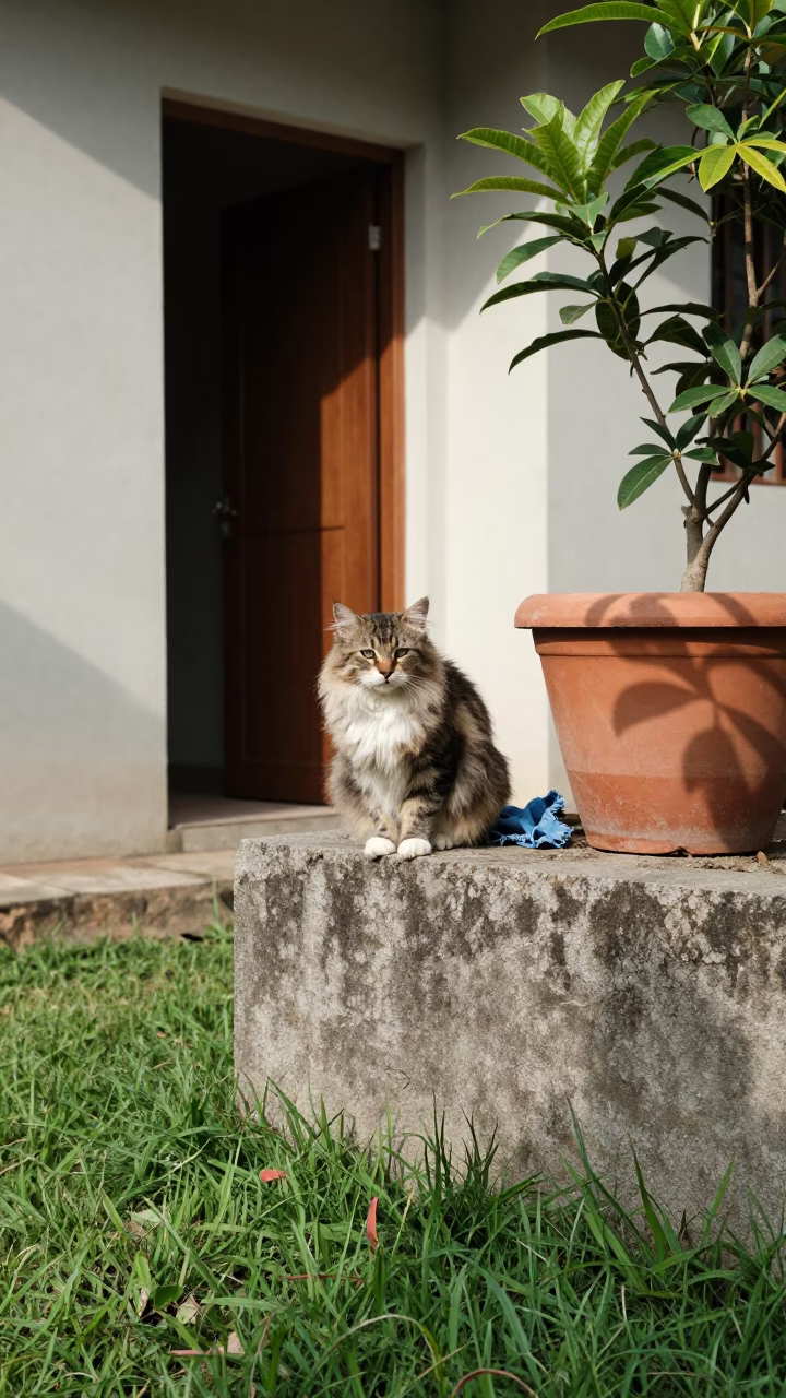 Minuet Cat on Courtyard Wall in Accra in in a small yard with clipped grass, calm light, and the animal centered in frame near Accra