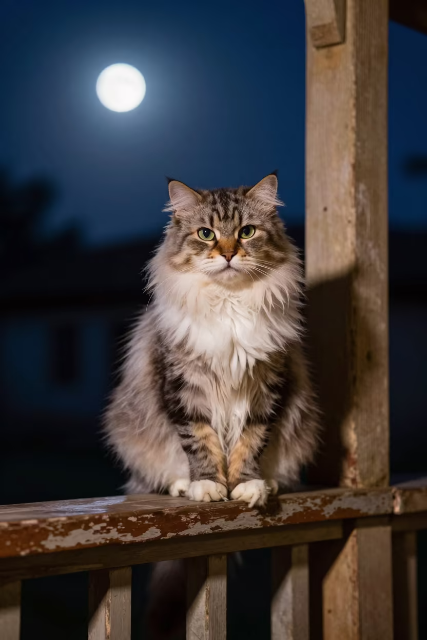 Minuet Cat on Karachi Porch Under Moonlight in on a shaded front porch with boards, railings, and eye-level framing in Karachi