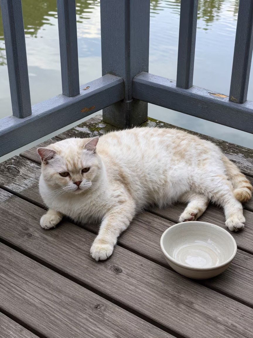 Minuet Cat on Shaded Garoua Porch View in on a shaded front porch with boards, railings, and eye-level framing in Garoua