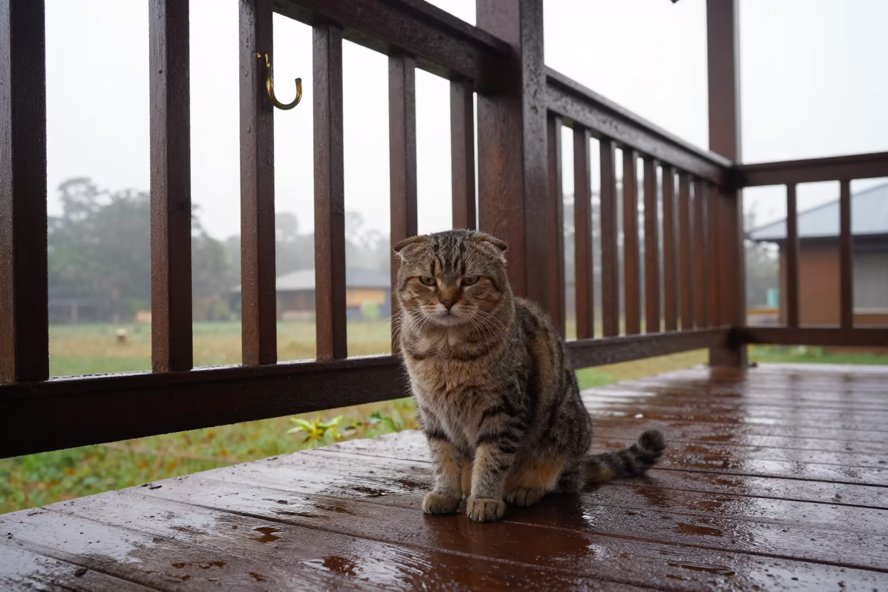 Minuet Cat on Shaded Kinshasa Porch in on a shaded front porch with boards, railings, and eye-level framing in Kinshasa