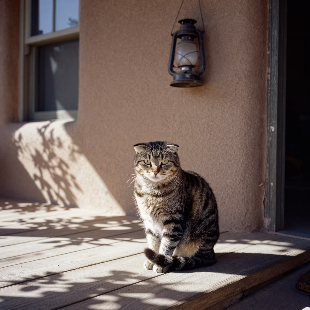 Minuet Cat on Shaded Santa Fe Porch in beside a plain courtyard wall in clear daylight with the animal at eye level in Santa Fe