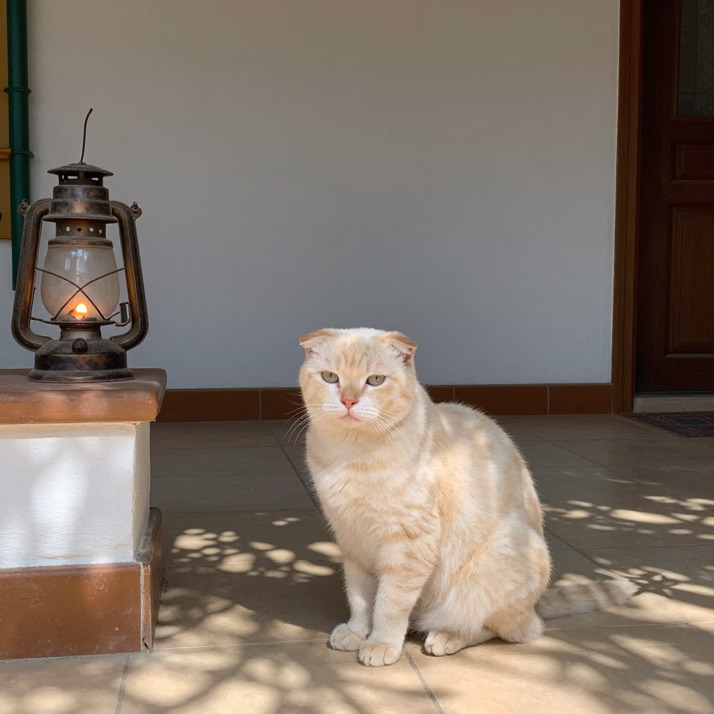 Minuet Cat on Shaded Seville Porch in beside a plain courtyard wall in clear daylight with the animal at eye level near Alameda, Seville