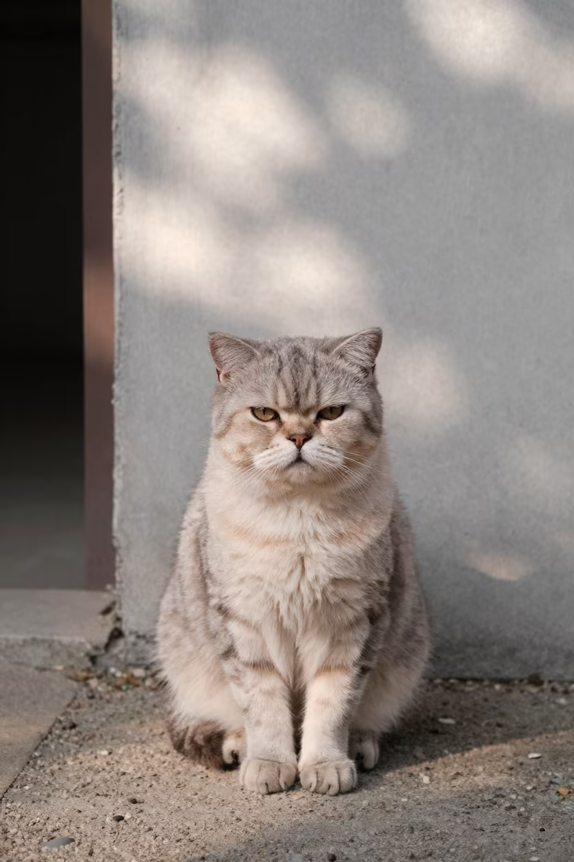 Minuet Cat Portrait in Dappled Makassar Light in beside a plain courtyard wall in clear daylight with the animal at eye level near Makassar