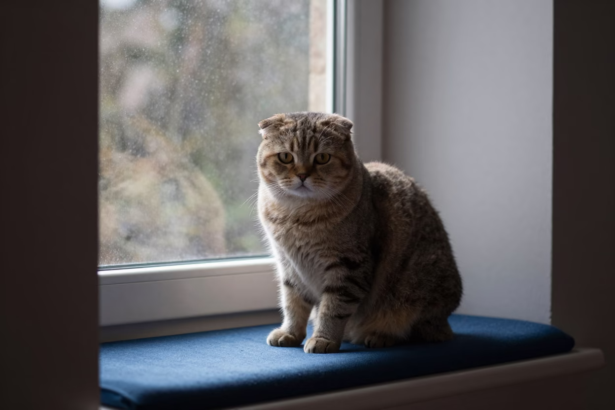 Minuet Cat Portrait on Jimma Window Seat in on a cushioned window seat with soft side light and an uncluttered background in Jimma