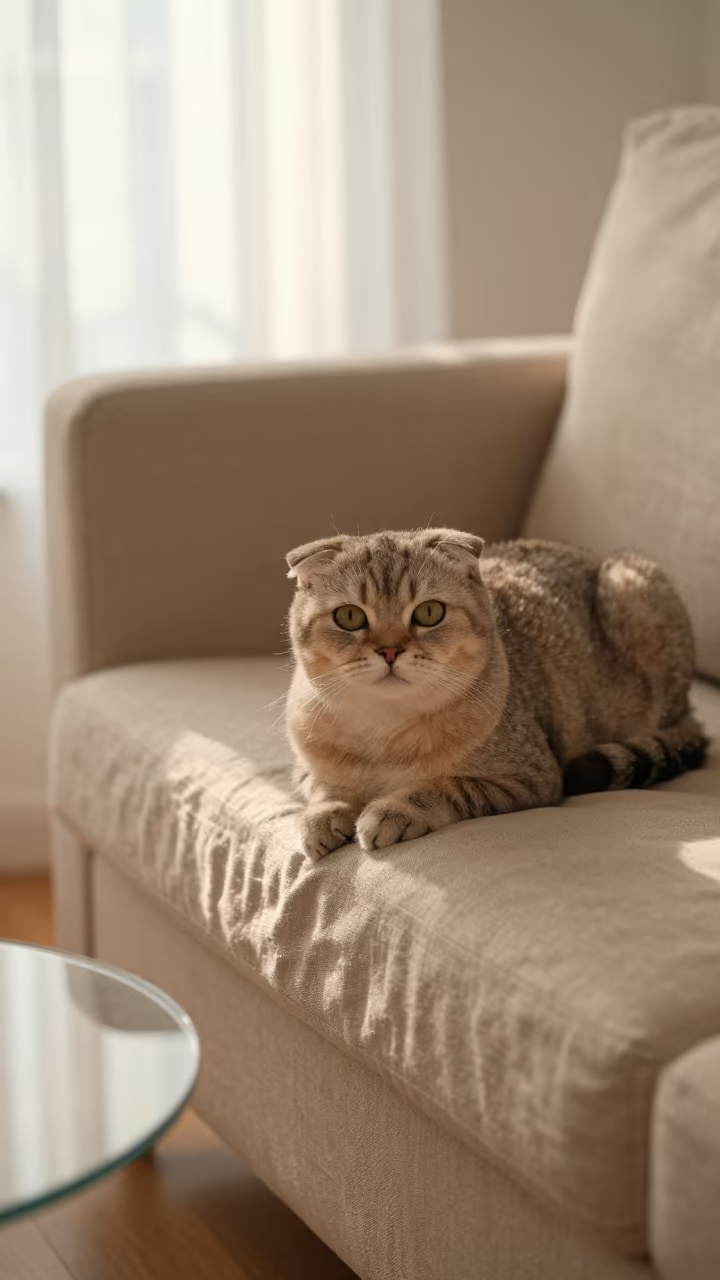 Minuet Cat Resting on Linen Sofa in Soft Afternoon Light in on a linen sofa with daylight from a nearby window near Owo