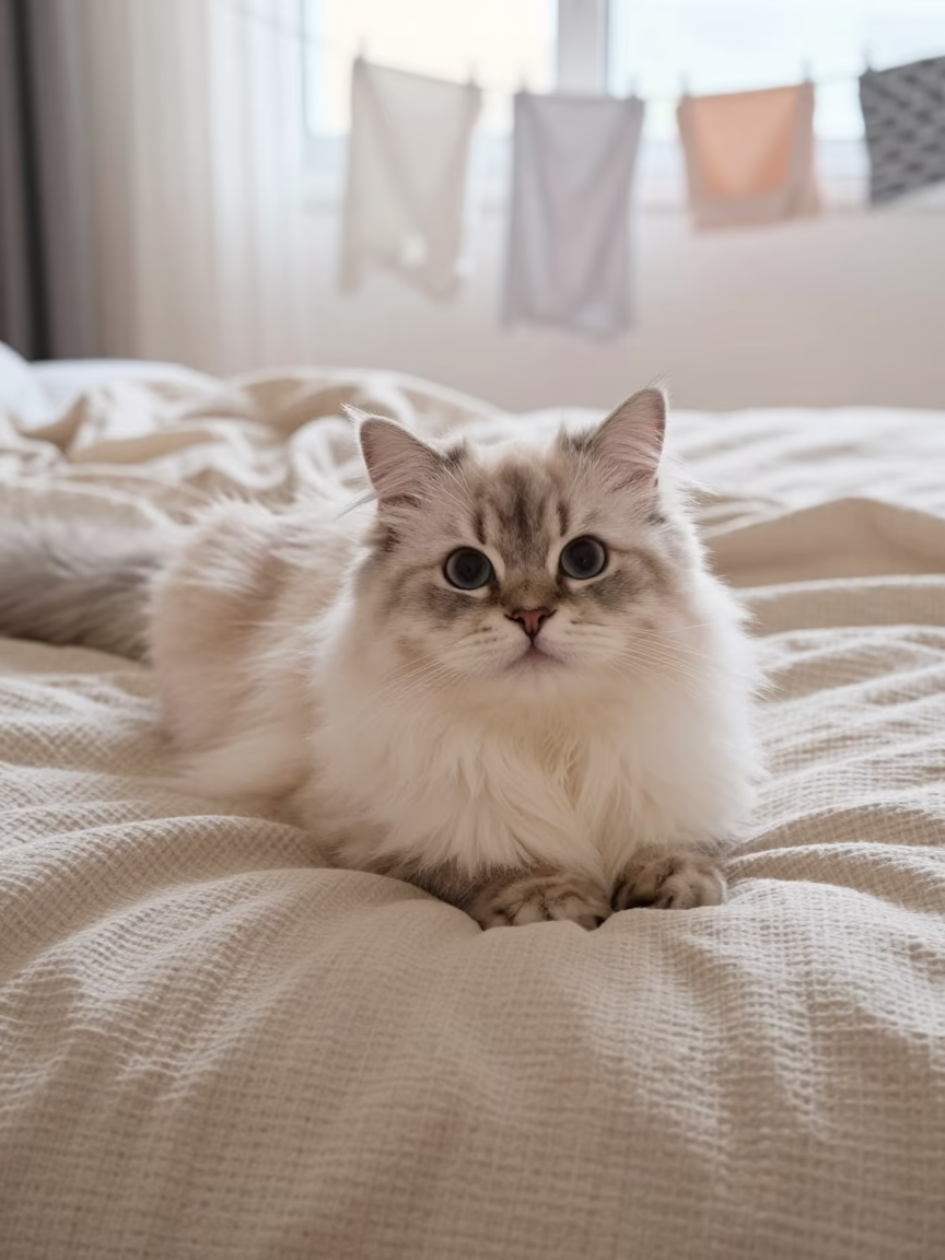 Minuet Longhair Cat Lounging on Bedspread Near Window in on a bedspread near a bright window with calm indoor light in Tychy