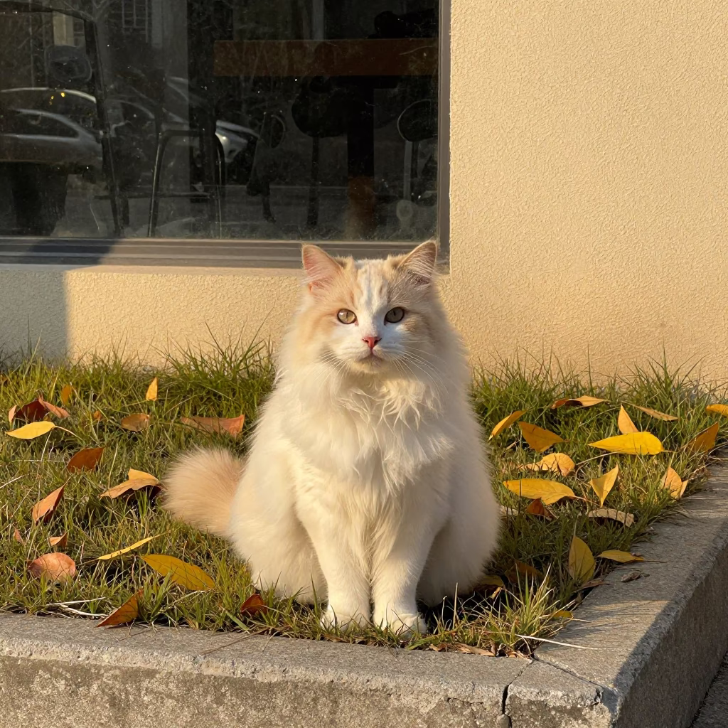 Minuet Longhair Cat Portrait in Golden Autumn Yard in in a small yard with clipped grass, calm light, and the animal centered in frame near San Lorenzo