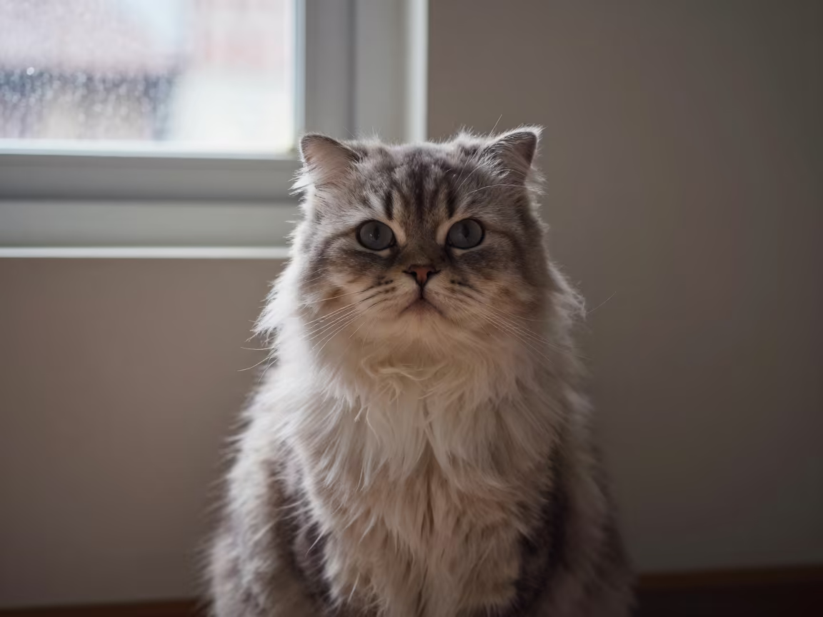 Minuet Longhair Cat Portrait in Haiphong in beside a plain plaster wall in soft indoor light with the animal centered in frame in Haiphong