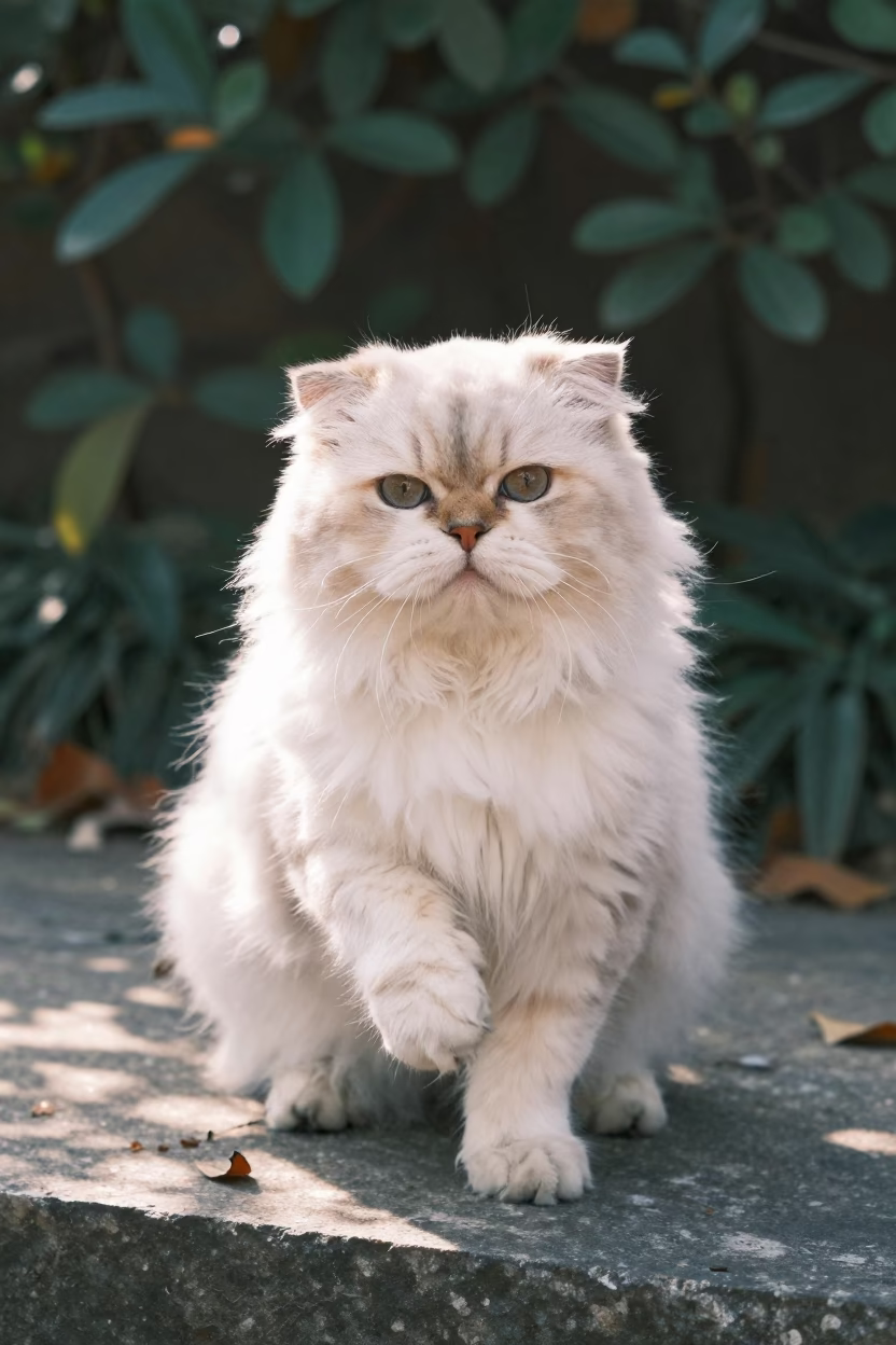 Minuet Longhair Cat Portrait in Morning Garden Light in near a garden edge with soft morning light and an uncluttered background near Flores