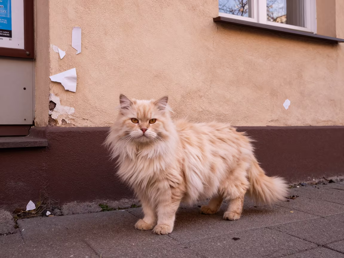 Minuet Longhair Cat Portrait in Tartu Courtyard in beside a plain courtyard wall in clear daylight with the animal at eye level in Tartu