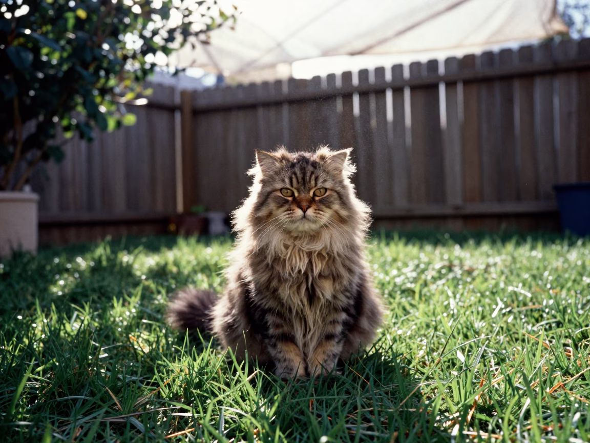 Minuet Longhair Cat Portrait in Valera Yard in in a small yard with clipped grass, calm light, and the animal centered in frame in Valera