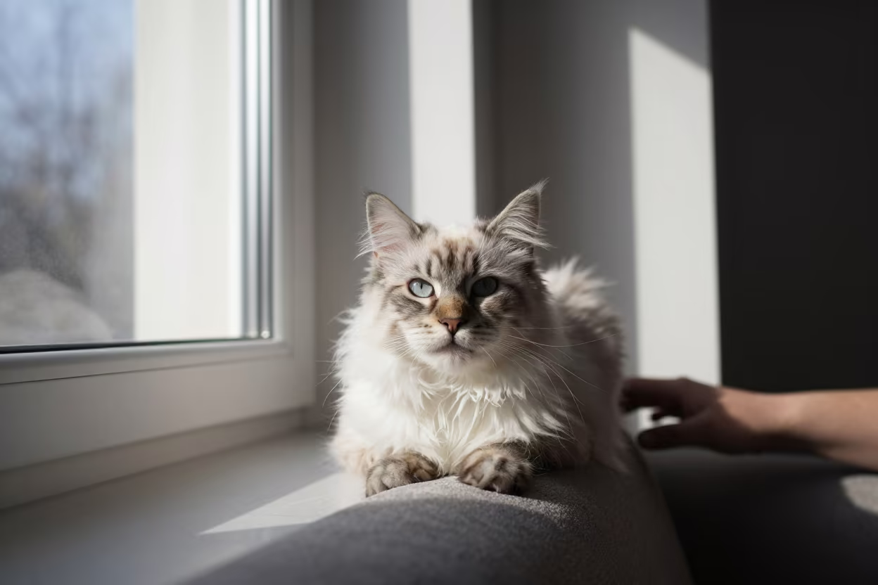 Minuet Longhair Cat Portrait on Sofa in Łódź in on a sofa near a curtained window with calm indoor light in Łódź
