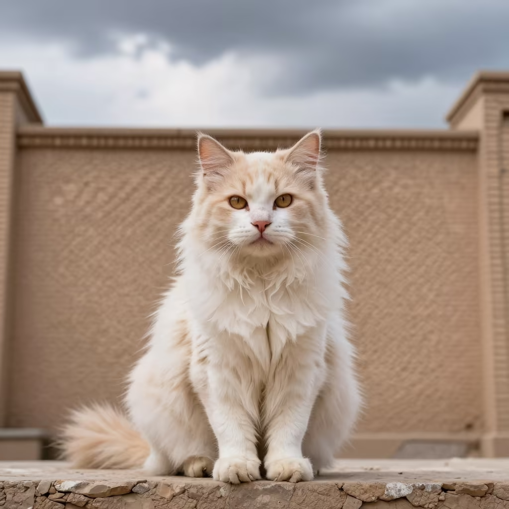 Minuet Longhair Portrait in Khujand Courtyard in beside a plain courtyard wall in clear daylight with the animal at eye level in Khujand