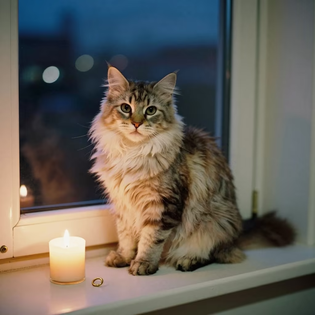 Minuet Longhair Portrait on Window Seat Hoima in on a cushioned window seat with soft side light and an uncluttered background in Hoima