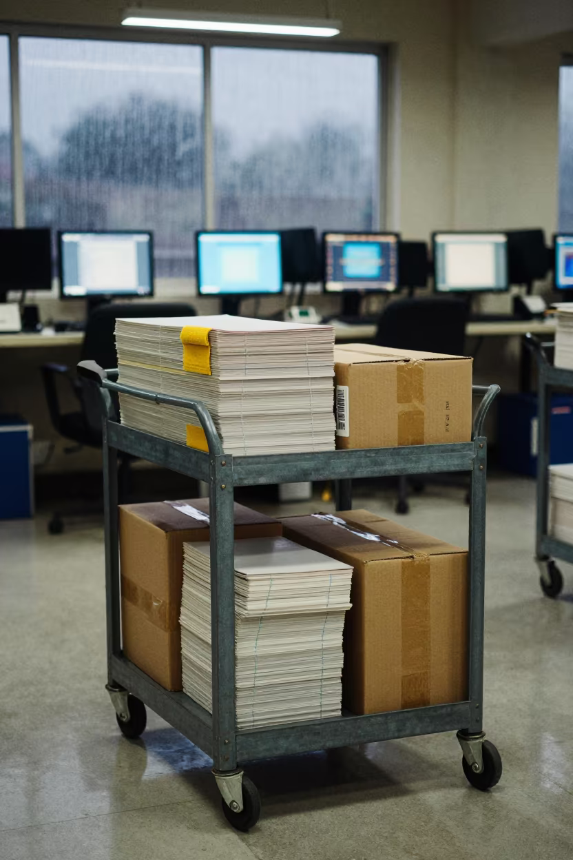 Minutes Binder Cart in M'banza-Kongo Office in in an operations center under monitor glow in M'banza-Kongo