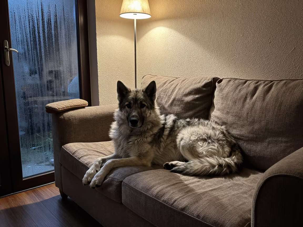 Mioritic Shepherd Dog on Linen Sofa at Home in on a linen sofa with daylight from a nearby window near French Quarter, New Orleans