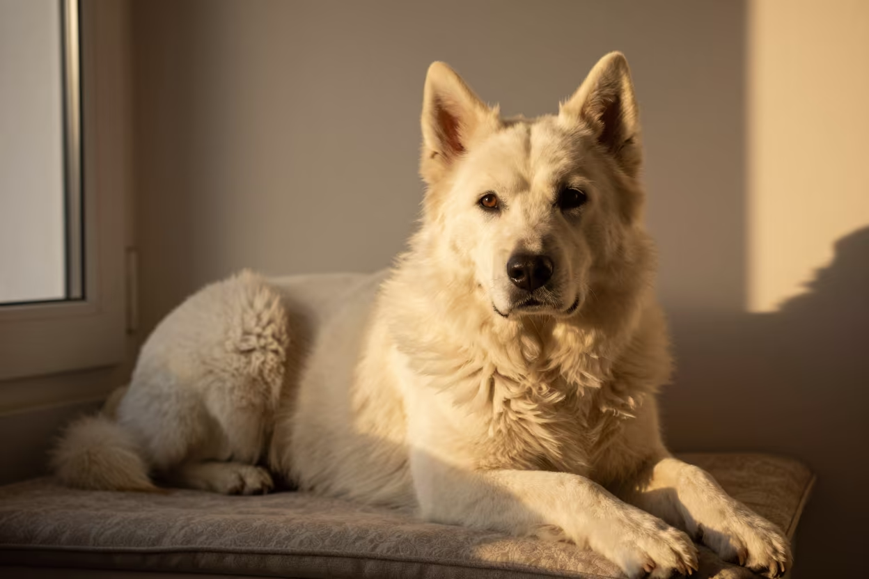 Mioritic Shepherd Dog Portrait Golden Light in on a cushioned window seat with soft side light and an uncluttered background near Moshi