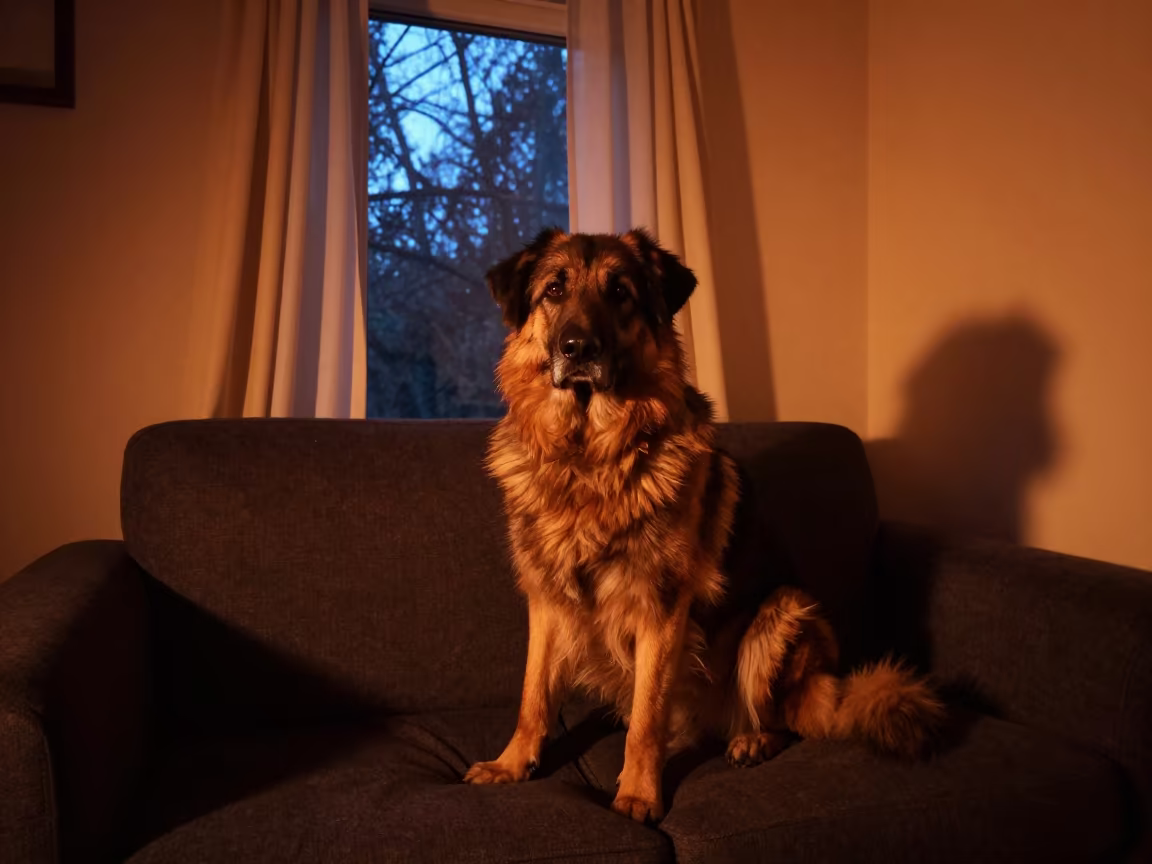 Mioritic Shepherd Portrait by Window at Midnight in on a sofa near a curtained window with calm indoor light in Kunming