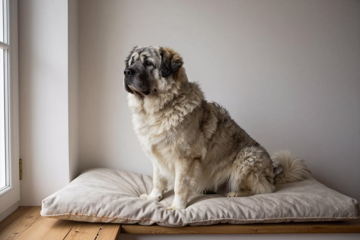 Mioritic Shepherd Portrait on Window Seat in on a cushioned window seat with soft side light and an uncluttered background near Ensenada