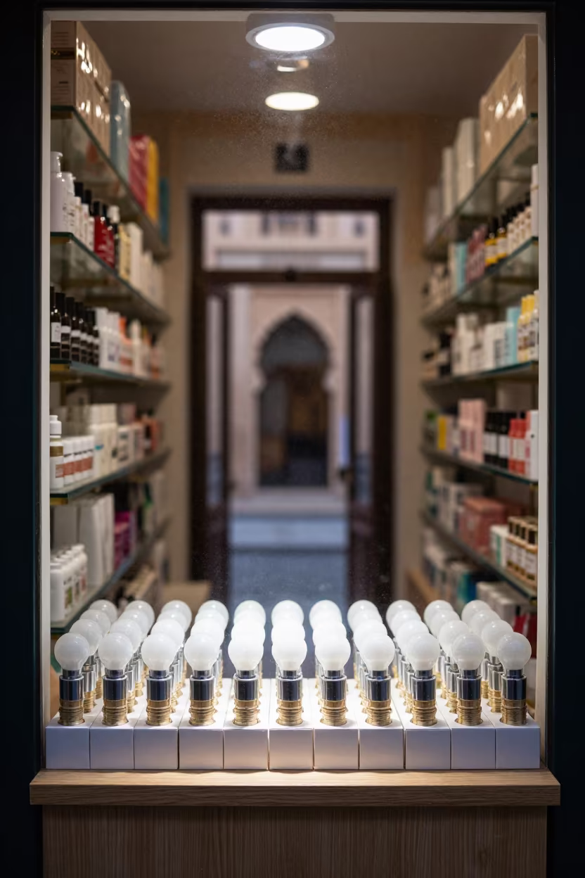 Mirror Bulb Carton in Casablanca Beauty Supply in in a beauty supply area under white LEDs in Old Medina, Casablanca