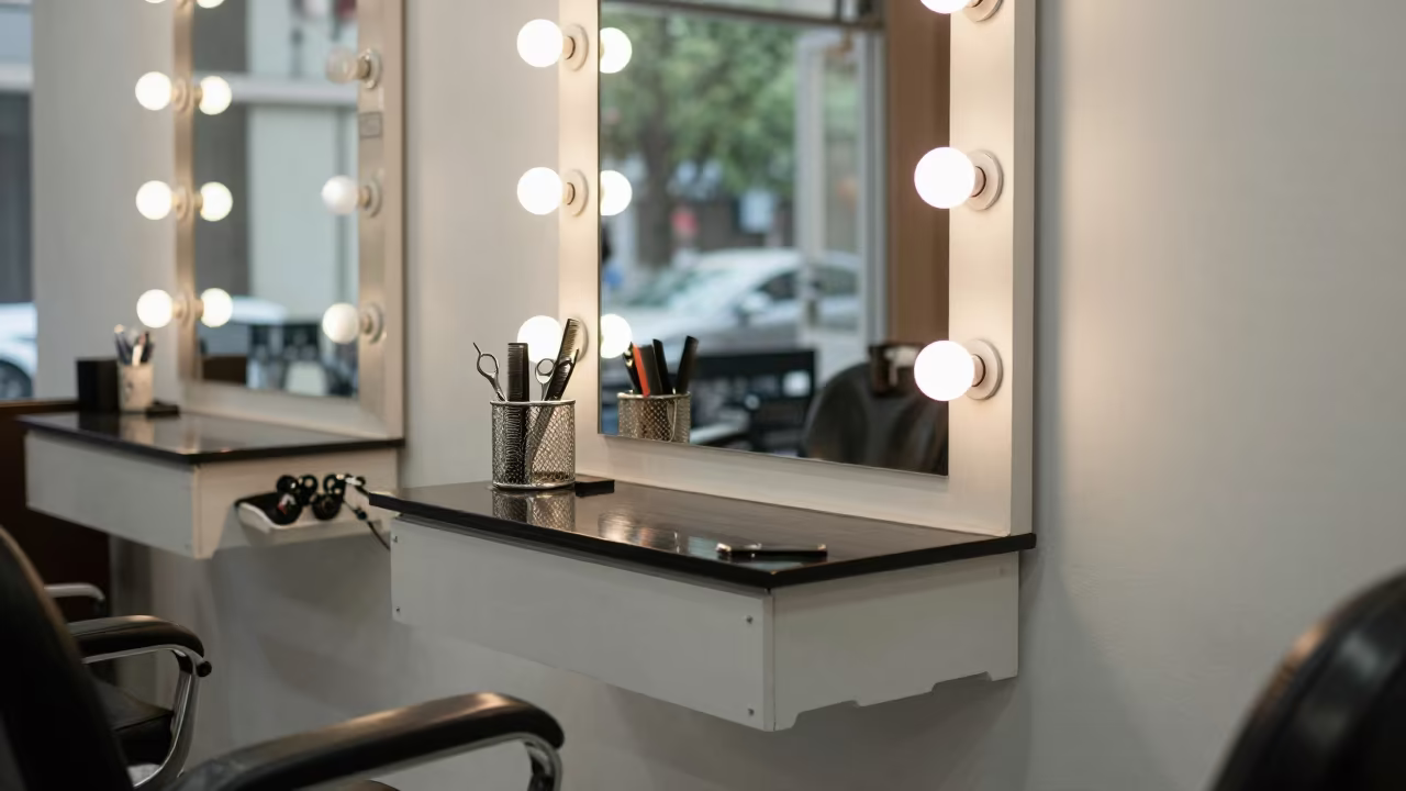 Mirror Cleaning Caddy in Wenzhou Barber Station in at a barber station beneath mirror bulbs in Wenzhou