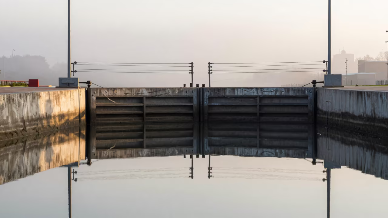 Mirror Floor Canal Lock Gate Barcelona in at a canal lock chamber near Poblenou, Barcelona
