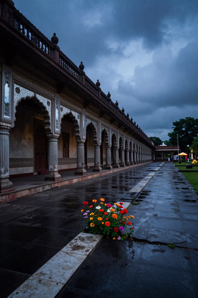 Mirror Haveli Flowers Erupt in Twilight in along a colonnaded facade near Yogyakarta