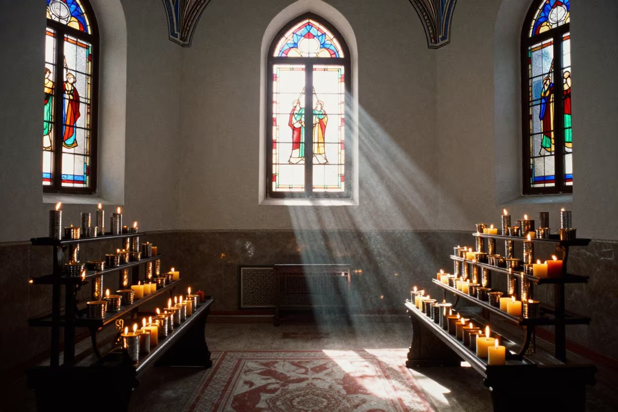 Mirrored Candles in Duhok Chapel Stained Glass in in a chapel lit by stained glass in Duhok