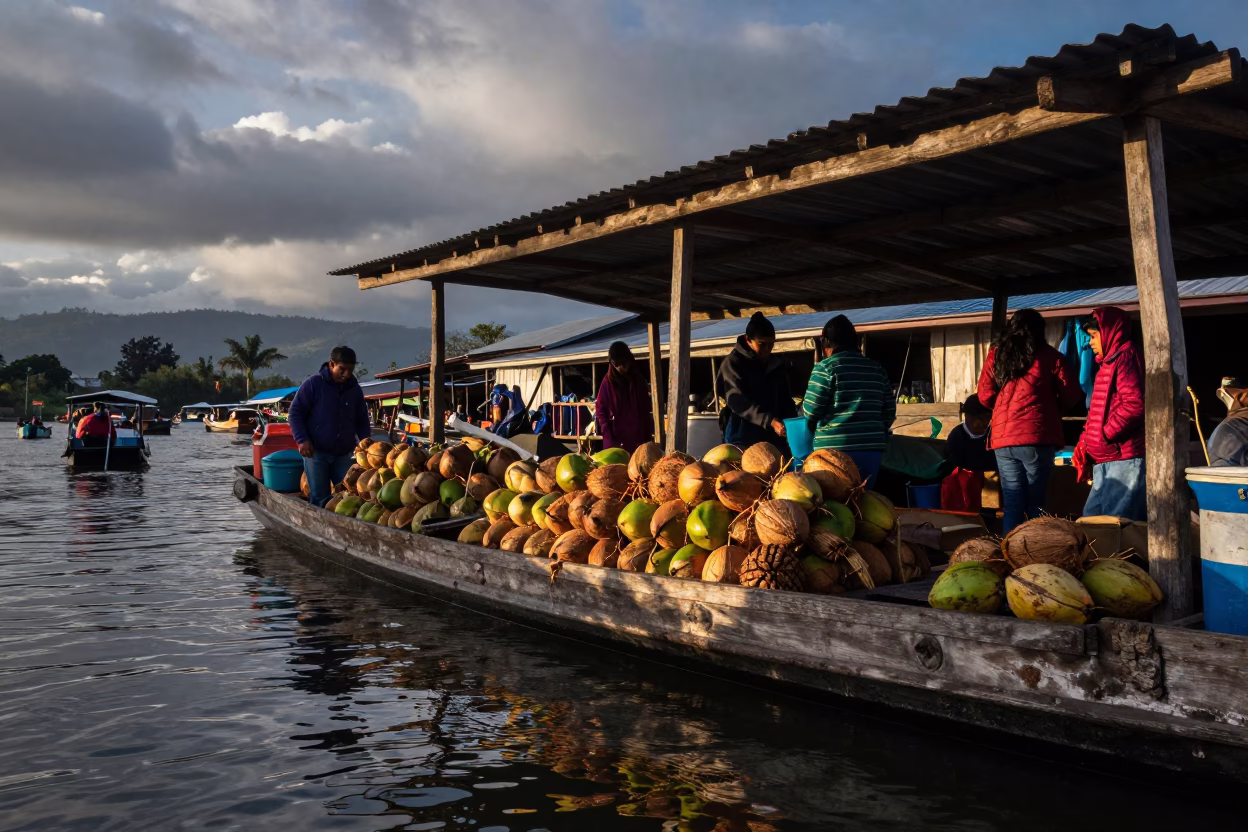 Mirrored Coconuts Wake at Dawn Market in under a market canopy in Puente Alto