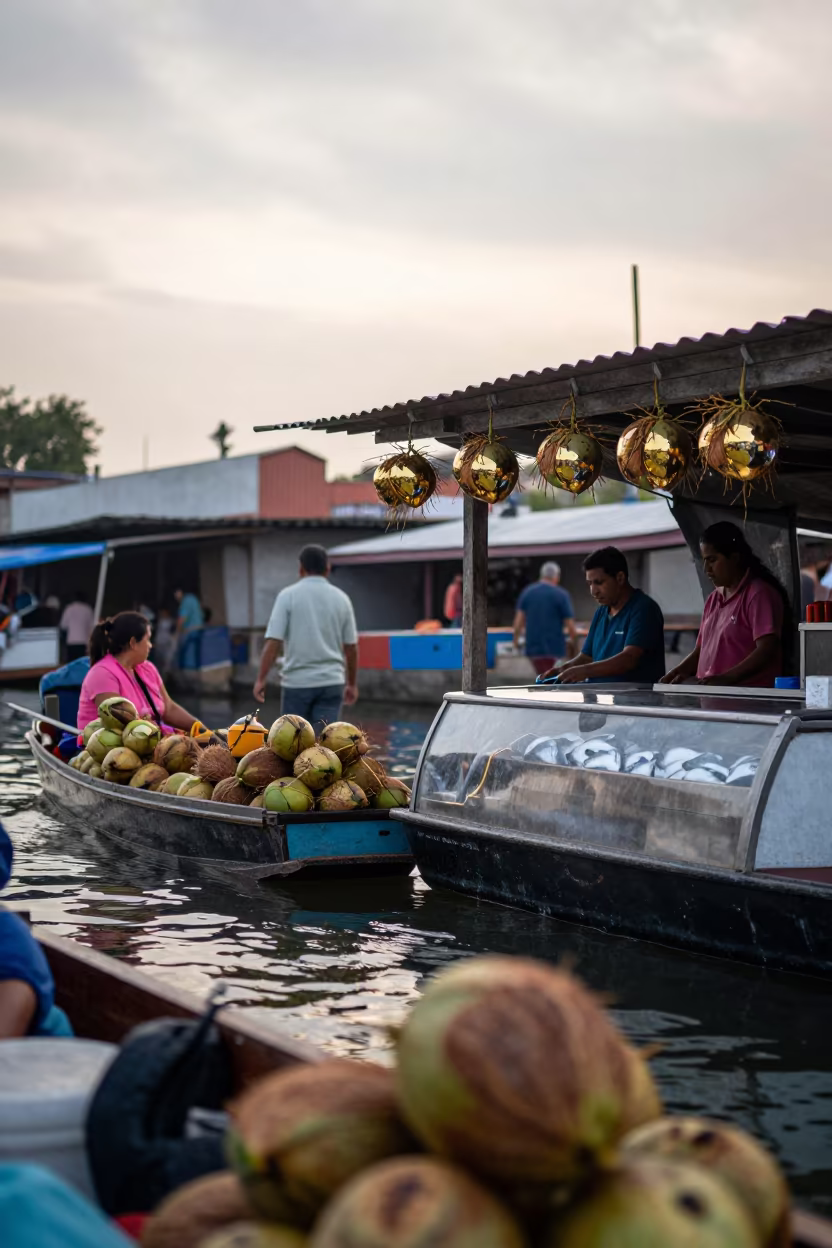Mirrored Coconuts Wake at San Angel Dawn Market in beside a fish counter in San Angel, Mexico City