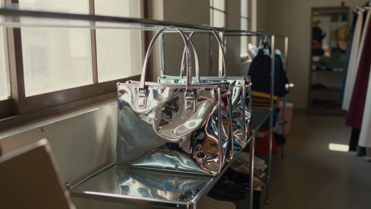 Mirrored Hardware Tote in Thane Fitting Room in inside a fitting room corridor near Thane