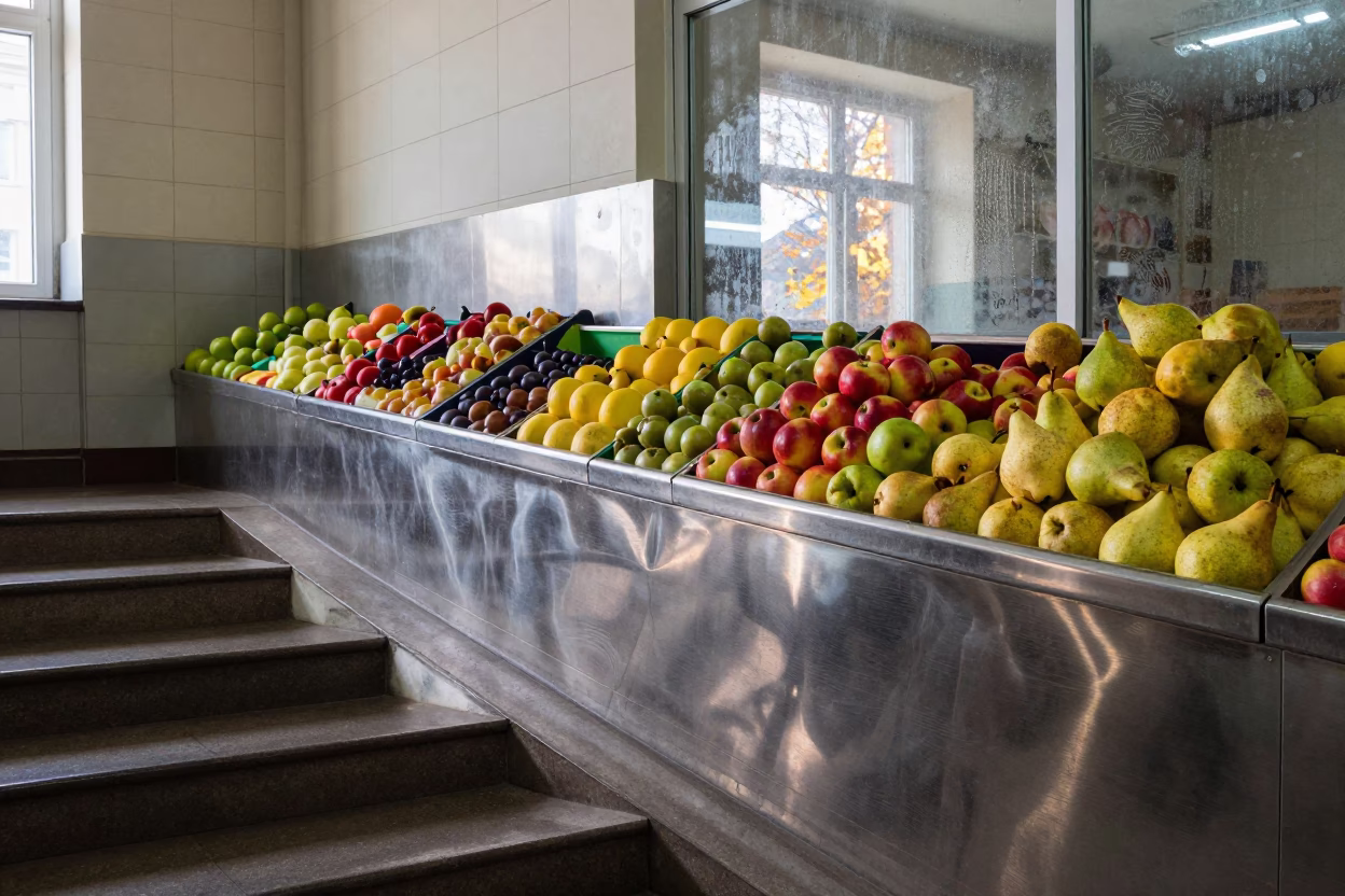 Mirrored Market Fruit in Red October Hall in inside a tiled stair hall in Red October, Moscow