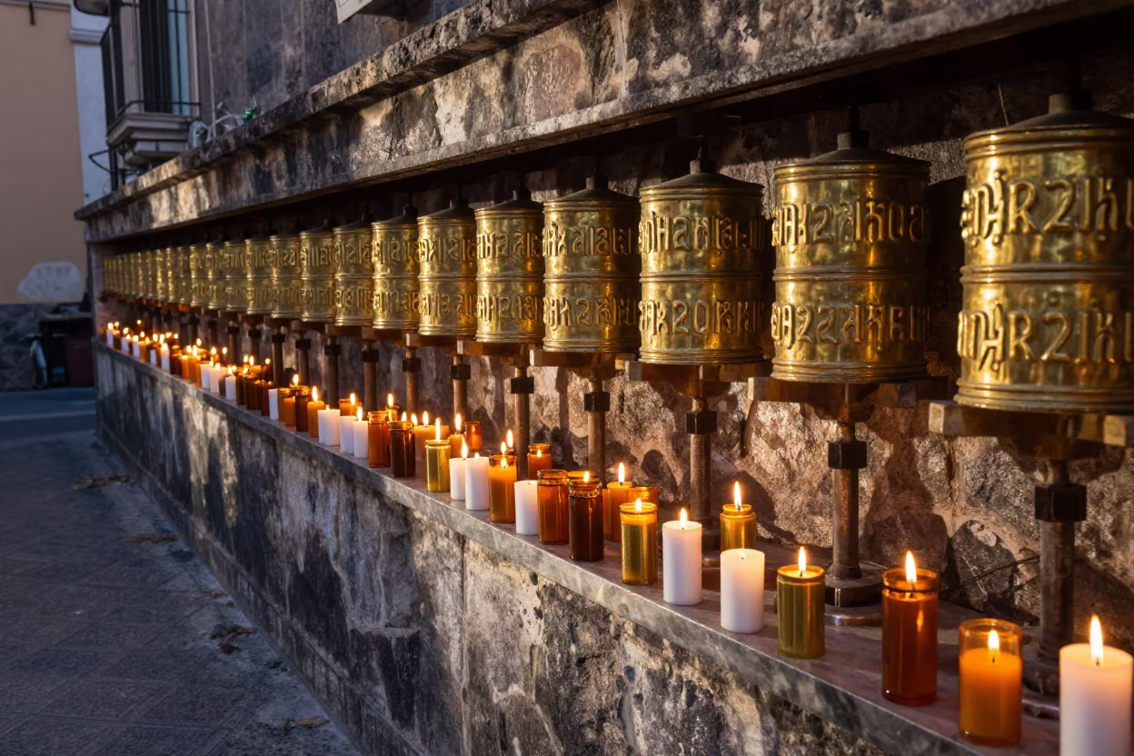 Mirrored Prayer Candles in Catania Shrine in beside a prayer wheel corridor in Catania